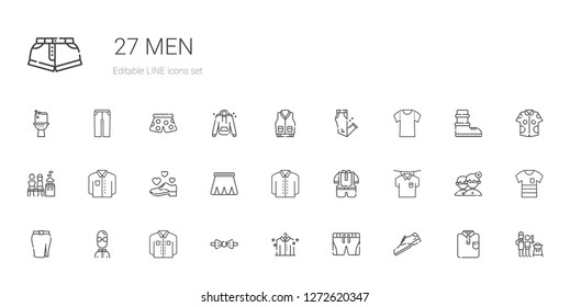 men icons set. Collection of men with shoe, shorts, shirt, bow tie, user, skirt, kid, men only, trousers, jacket, father and son, people, boots. Editable and scalable men icons.