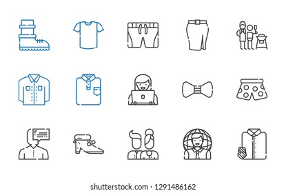men icons set. Collection of men with suit and tie, user, users, shoes, pants, bow tie, shirt, father and son, skirt, shorts, boots. Editable and scalable men icons.