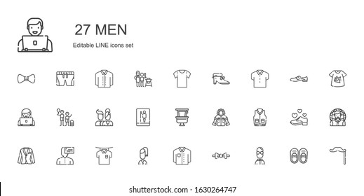 men icons set. Collection of men with user, bow tie, shirt, suit, jacket, toilet, users, family, shoes, mustache, sandals, shoe, tshirt, father and son. Editable and scalable men icons.