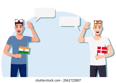 Men with Indian and Danish flags. Background for text. Communication between native speakers of India and Denmark. Vector illustration.