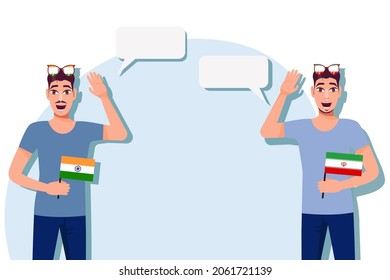 Men with Indian and Iranian  flags. Background for text. Communication between native speakers of India and Iran. Vector illustration.