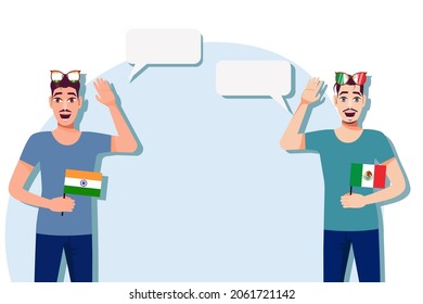 Men with Indian and Mexican flags. Background for text. Communication between native speakers of India and Mexico. Vector illustration.
