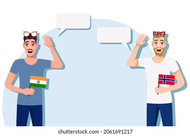 Men with Indian and Norwegian flags. Background for text. Communication between native speakers of India and Norway. Vector illustration.