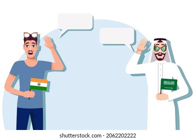 Men with Indian and Saudi flags. Background for text. Communication between native speakers of India and Saudi Arabia. Vector illustration.