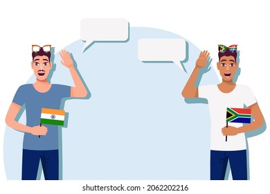 Men with Indian and South African flags. Background for text. Communication between native speakers of India and South Africa. Vector illustration.