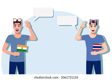 Men with Indian and Thai flags. Background for text. Communication between native speakers of India and Thailand. Vector illustration.
