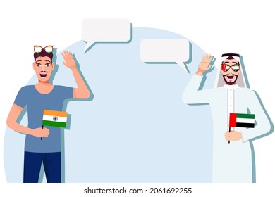 Men with Indian and UAE flags. Background for the text. Communication between native speakers of the language. Vector illustration.