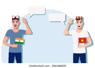 Men with Indian and Vietnamese flags. Background for the text. The concept of sports, political, education, travel and business relations between India and Vietnam. Vector illustration.