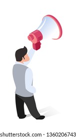 Men in Informal Office Clothes Speaks into Shout. Vector Illustration White Background. Man Holds Loudspeaker above Himself to Alert Office Team Important Information for Current Work. 