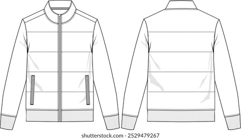 Men Insulated Full-zip Jacket with Quilt stitching, long sleeves with rib cuff, zipper pockets, front and back view, vector sketches