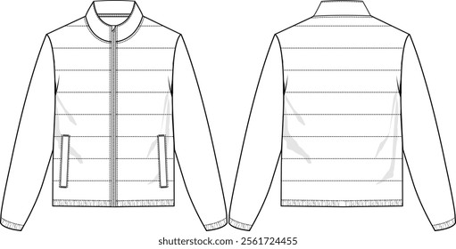 Men Insulated Full-zip Jacket with Quilt stitching at front panel only, long sleeves with elastisized cuff and bottom hem, welt pockets, front and back view, vector sketches