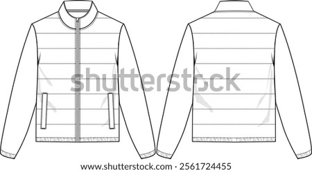 Men Insulated Full-zip Jacket with Quilt stitching at front panel only, long sleeves with elastisized cuff and bottom hem, welt pockets, front and back view, vector sketches