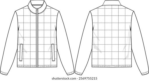 Men Insulated Full-zip Jacket with Square Quilt stitching at front panel only, long sleeves with elastisized cuff and bottom hem, welt pockets, front and back view, vector sketches