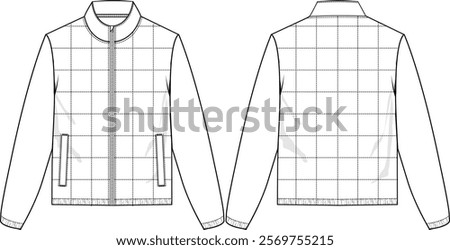 Men Insulated Full-zip Jacket with Square Quilt stitching at front panel only, long sleeves with elastisized cuff and bottom hem, welt pockets, front and back view, vector sketches