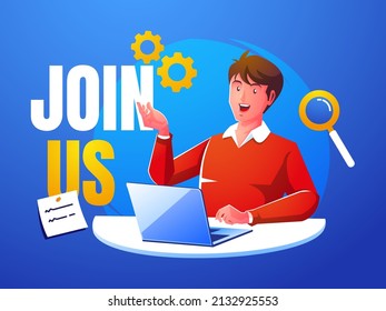 Men invites to join us, advertising marketing concept
