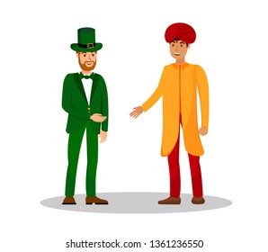 Men from Ireland and India Vector Illustration. Man in Suit and Cylinder Hat and Guy in Turban Cartoon Characters. Irishman and Indian Person Conversation. Friendship, Diplomacy Visit