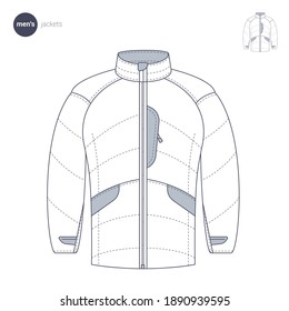 La chaqueta de los hombres. Iconos de ropa, estilo de línea delgada. Carteles y objetos de secciones de catálogo de tiendas online minoristas. Colección de vectores.