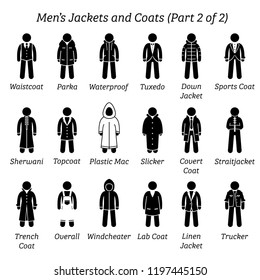 Men jackets and coats. Stick figures depict a set of different types of jackets and coats clothes. This fashion clothings design are wear by men or male. Part 2 of 2.