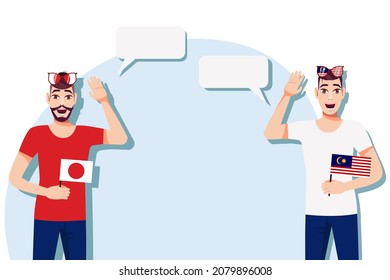 Men with Japanese and Malaysian flags. The concept of international communication, education, sports, travel, business. Dialogue between Japan and Malaysia. Vector illustration.