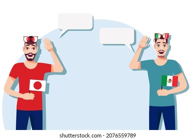 Men with Japanese and Mexican flags. Background for text. Communication between native speakers of Japan and Mexico. Vector illustration.