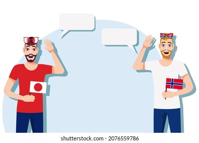 Men with Japanese and Norwegian flags. Background for text. Communication between native speakers of Japan and Norway. Vector illustration.