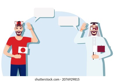 Men with Japanese and Qatari flags. Background for the text. Communication between native speakers of the language. Vector illustration.