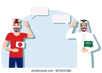 Men with Japanese and Saudi flags. Background for text. Communication between native speakers of Japan and Saudi Arabia. Vector illustration.