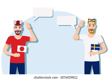 Men with Japanese and Swedish flags. Background for the text. The concept of sports, political, education, travel and business relations between Japan and Sweden. Vector illustration.