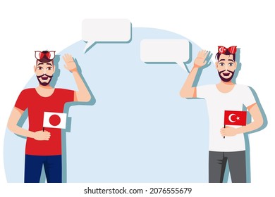Men with Japanese and Turkish flags. Background for the text. The concept of sports, political, education, travel and business relations between Japan and Turkey. Vector illustration.
