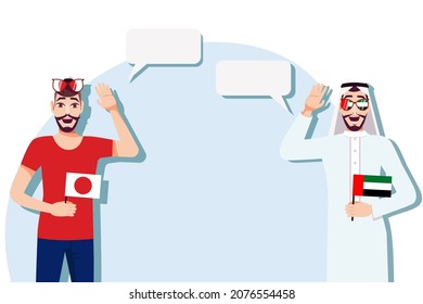 Men with Japanese and UAE flags. Background for the text. Communication between native speakers of the language. Vector illustration.