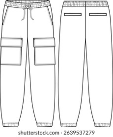 Men jogger with front cargo pocket, front slant hand pockets, back welt pockets, drawcord at centre front waistband, elastic waistband and cuff, sketch front and back, vectors