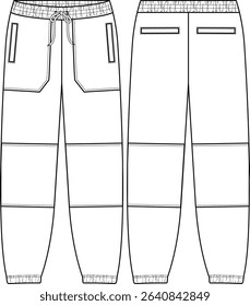 Men jogger with front cuts and knee cuts, front and back welt pockets, drawcord at centre front waistband, elastic waistband and cuff, sketch front and back, vectors, basics clothing