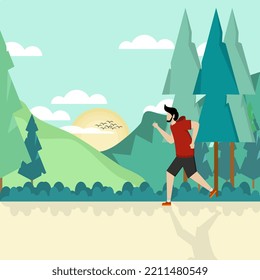 Los hombres están trotando o corriendo por el parque. deporte o deportes al aire libre, atletismo. Estilo de vida activo saludable. Ilustración vectorial plana.
