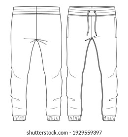 Men Jogging Sweat Pants. flat fashion sketch template. Technical Fashion Illustration. Front Drawcord. Elastic hem