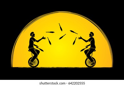 Men juggling pins while cycling together on sunlight background graphic vector.