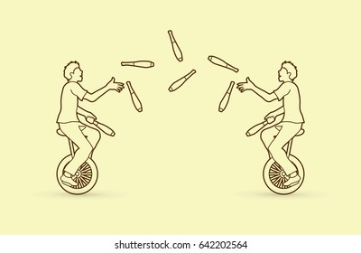 Men juggling pins while cycling together outline stroke graphic vector.