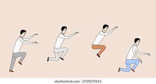 A men is jumping in the air. The man is wearing a white shirt and blue, grey pants