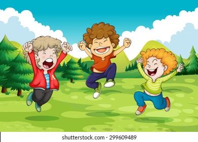 Men jumping with cheerful gesture in the nature	
