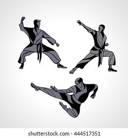 Men in a karate pose. Martial arts silhouette set. Detailed vector illustration of a martial arts masters