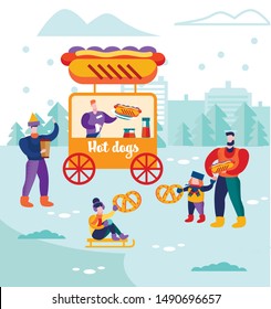 Men with Kids Walk near Hot Dogs in Stall, Kiosk Riding Sled, Eating Bakery, Buying Street Food, Holidays Season Activity. Christmas Market or Winter Outdoor Fair. Cartoon Flat Vector Illustration