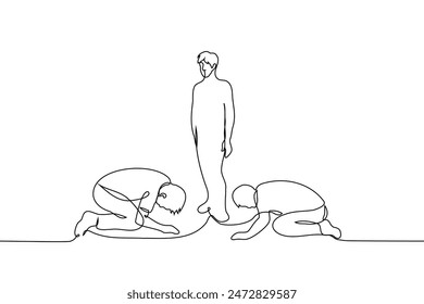 men knelt in a low bow with their heads to the floor in front of the man standing in the center - one line art vector. male crush concept, influencer, alpha and beta men, sectarianism, hierarchy