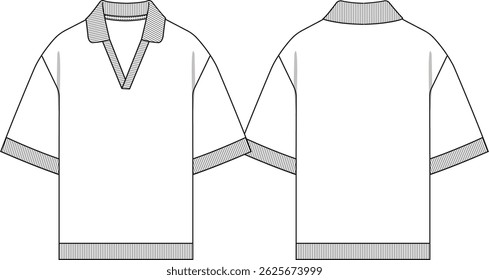 Men knit polo shirt short sleeves with lapel collar with front opening, ribbed trim, sketch front and back, vectors