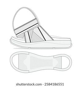 Men knit slide sandals technical drawing vector mockup template.