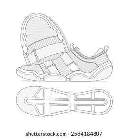 Men knit sock sneakers flat sketch vector mockup template technical illustration.