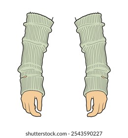 Men knitted arm warmers technical flat sketch vector mockup template.