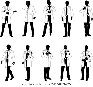 Men in lab coats silhouette scientists, engineers or professors set. Some holding clipboards or checklists. Maybe chemists, science teachers or pharmacists doing experiments or surveying.