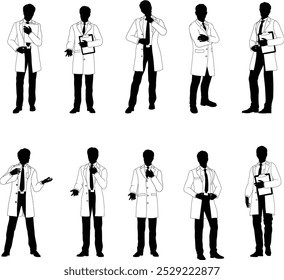 Men in lab coats silhouette scientists, engineers or professors set. Some holding clipboards or checklists. Maybe chemists, science teachers or pharmacists doing experiments or surveying.