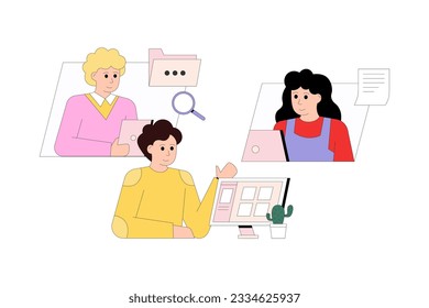 Men and lady making presentation online. Friendly communication concept. Cartoon characters on online meeting, studying and talk. Colorful flat vector illustration in cartoon style