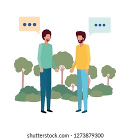 men in landscape with speech bubble avatar character