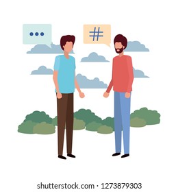 men in landscape with speech bubble avatar character